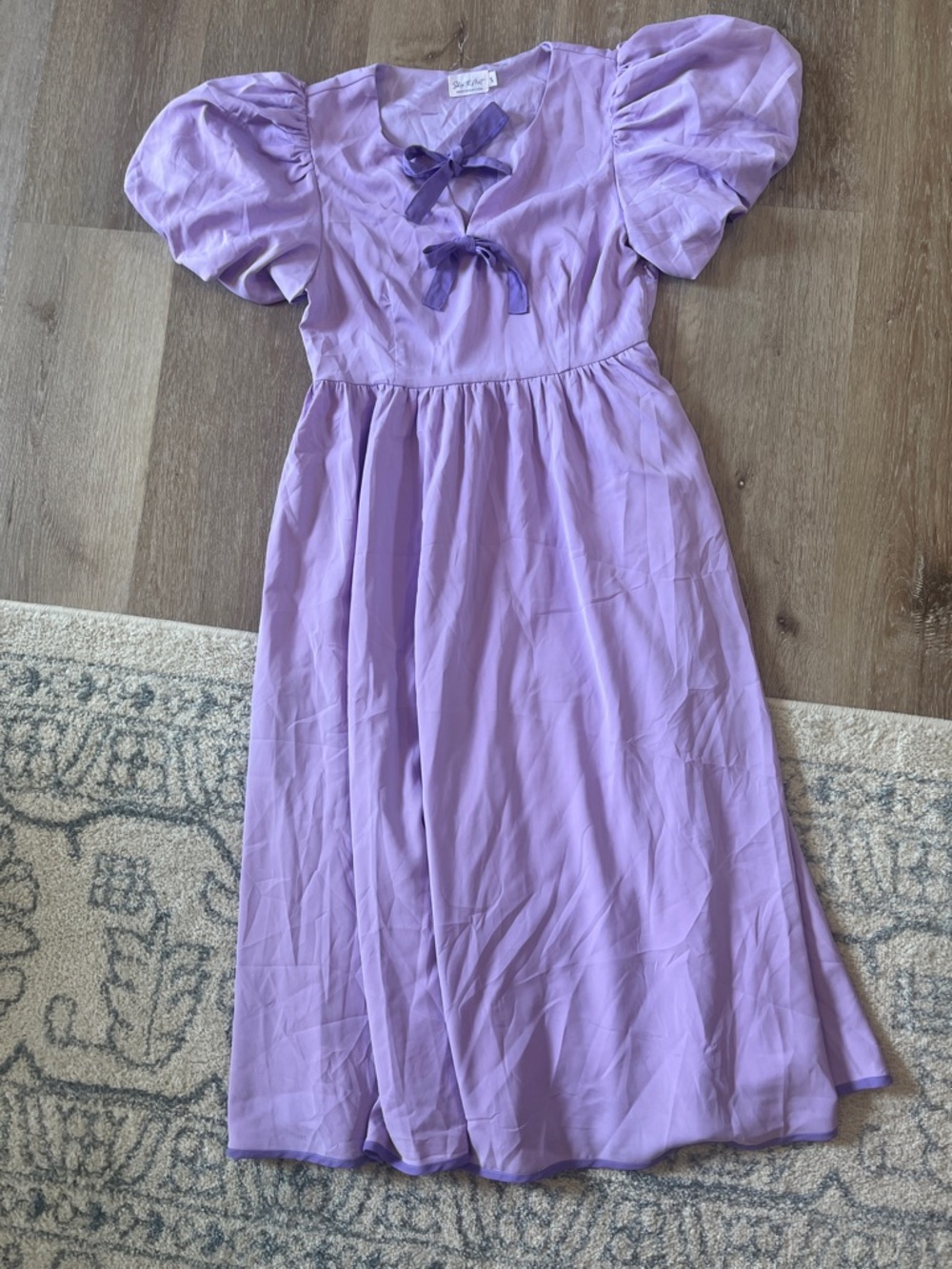 Shop the Mint Lavender Puff-Sleeve Dress with Bow Accents